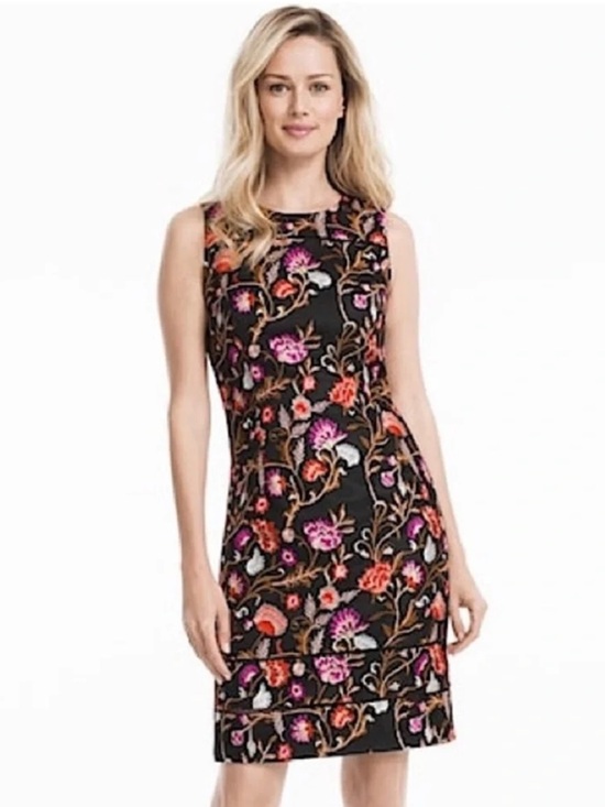 White House Black Market Dresses & Skirts - White House Black Market Black Sheath Dress with Floral Embroidery